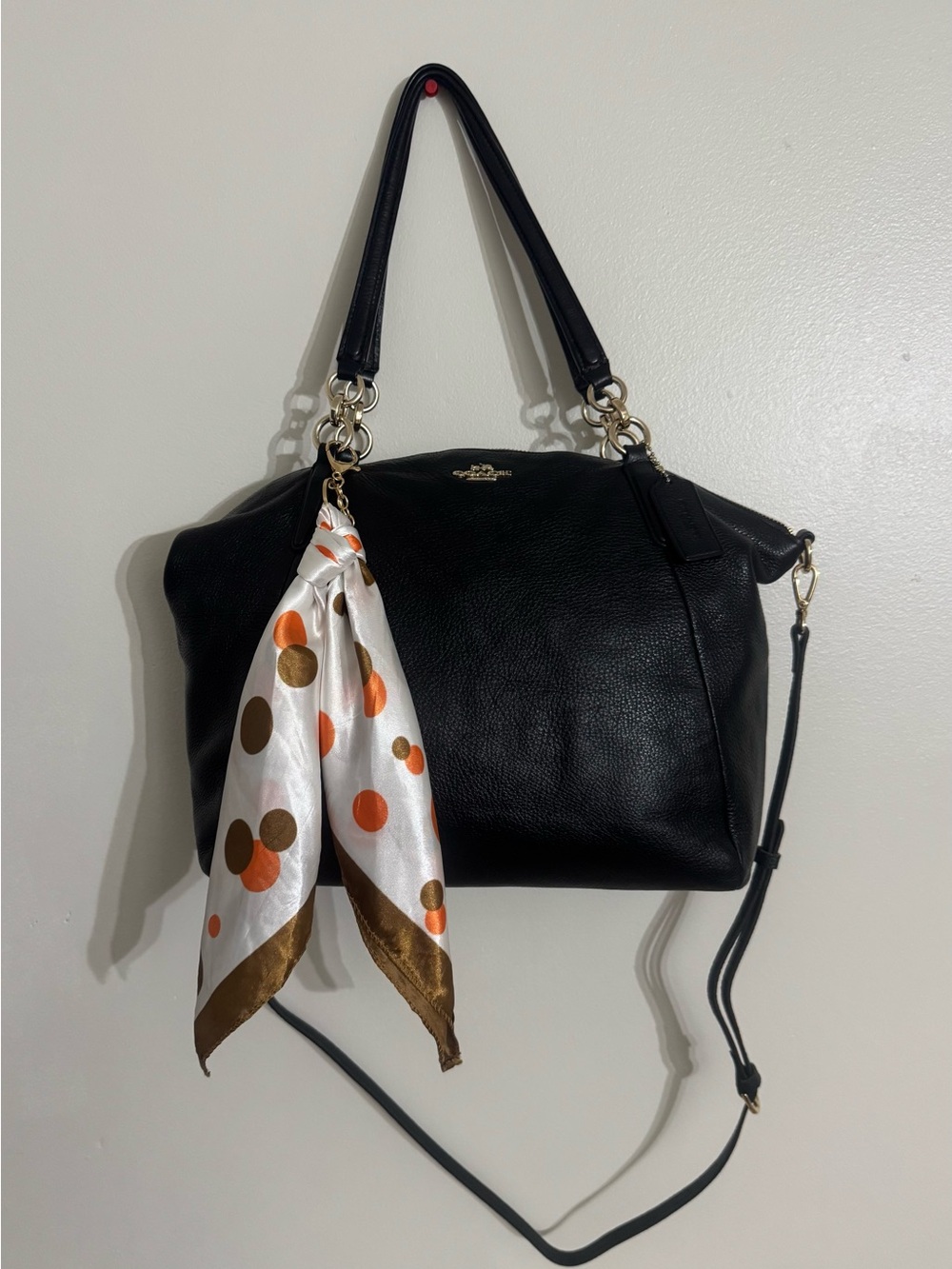 Coach Kelsey Black Satchel (Large) with Detachable Strap and Polka Dot Scarf